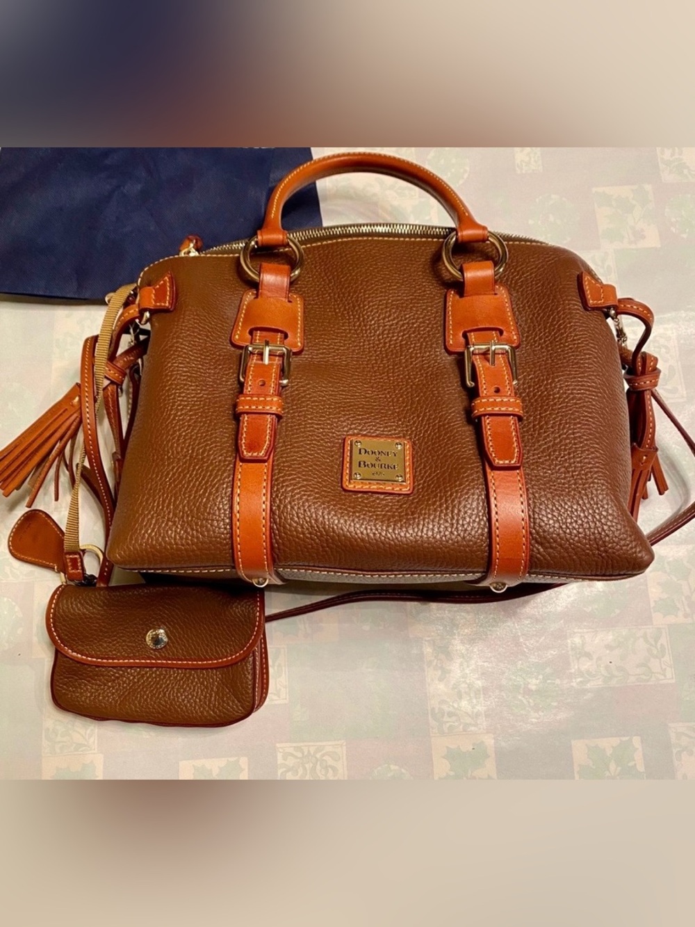 Dooney & Bourke Brown Pebbled Leather Satchel with Tan Trim
